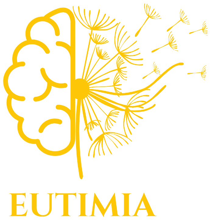 Logo de Eutimia: medio cerebro y un diente de león que se dispersa